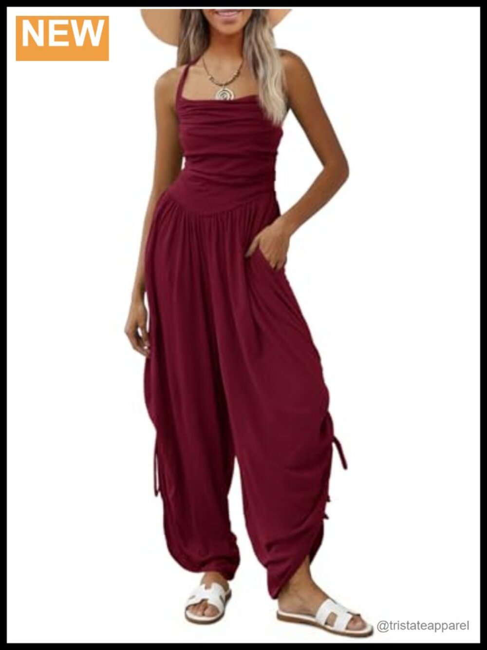 Fisoew Women's Sleeveless Jumpsuit Halter Wide Leg Ruched Casual Romper